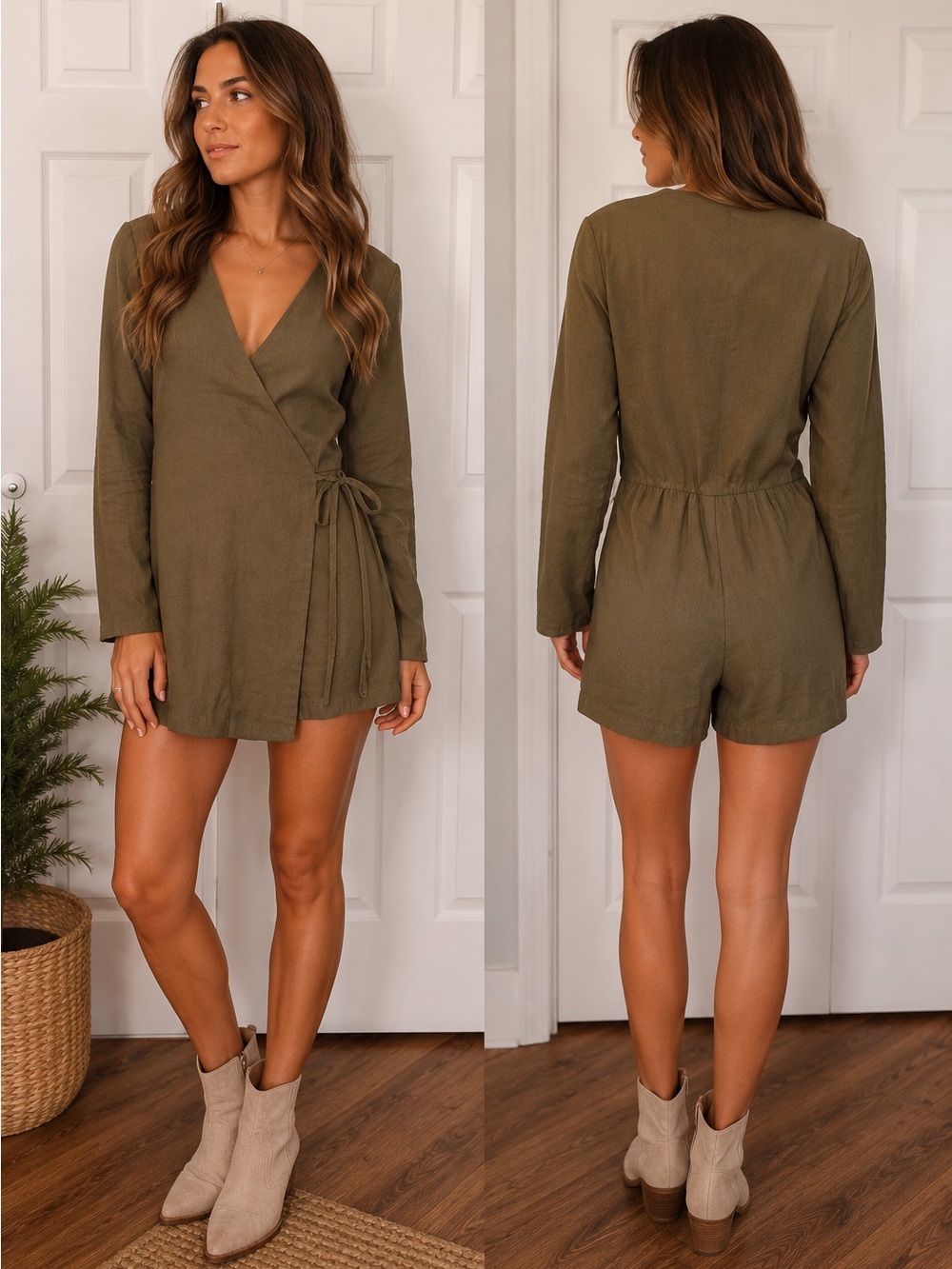 Matty M Olive Wrap Romper | Small | Long Sleeve Tie Waist Utility‎ Chic | A-1836